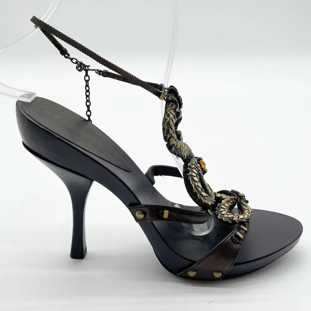 Giuseppe Zanotti Vicini Vintage Dragon Embellished Leather Heeled Sandals IT 36